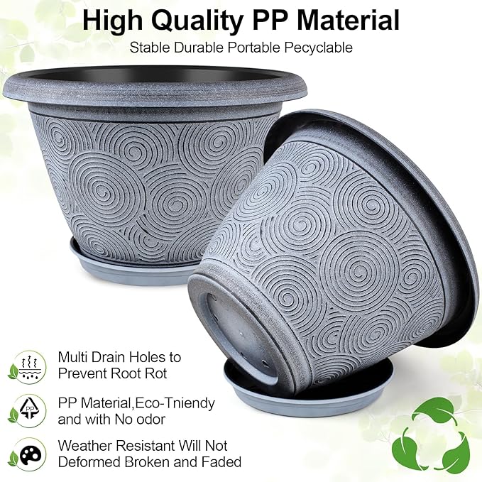 8 Inch Flower Pots Planters for Indoor Outdoor Plants, 4 Pack Plastic Small Plant Pots with Drainage Hole & Tray, Modern Decorative Garden Pot with Saucer, Plant Container for House