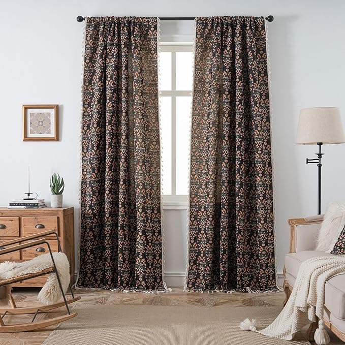 ENJOYBRIDAL Floral Curtains 84 Inch Length 2 Panels Boho Jacquard Drapes Black Cottagecore Living Room Semi Sheer Window Curtain Panels Farmhouse Bedroom Chic Decor Rod Pocket Tassel Window Treatments