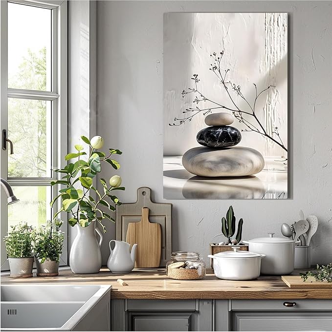 Gray and black stone pile and dried flowers poster canvas wall art in harmony Minimalist wall art for tranquil homes and mindful spaces 28x40in Frameless