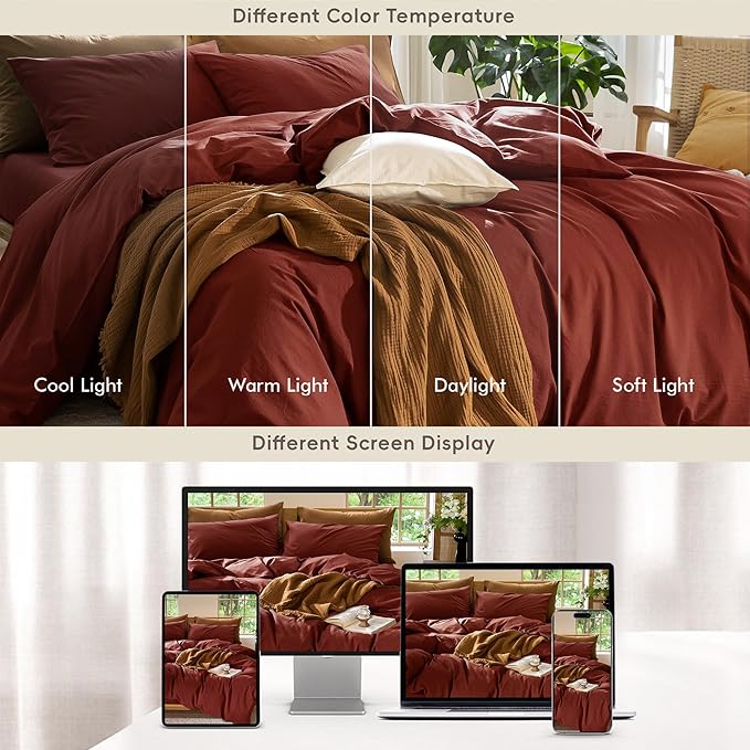 MooMee Bedding Duvet Cover Set 100% Washed Cotton Linen Like Textured Breathable Durable Soft Comfy (Solid Fired Brick Red, Oversized Queen 98"x98")