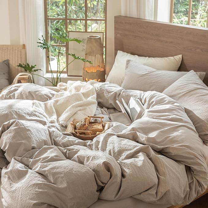 MooMee Wavy Striped Duvet Cover Set 100% Washed Cotton Linen Like Textured Breathable Durable Soft Comfy (Beige, Alaska King 132"x120")