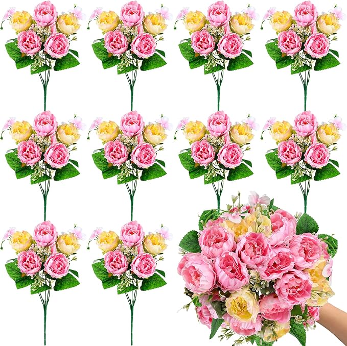 Olgaa 12 Bundles Peonies Artificial Flowers Fake Peony Bouquet Faux Peonies Flowers Bulk with Stems Flower Balls for Centerpiece Table Decorations Wedding Bridal Floral Arrangement (Pink)