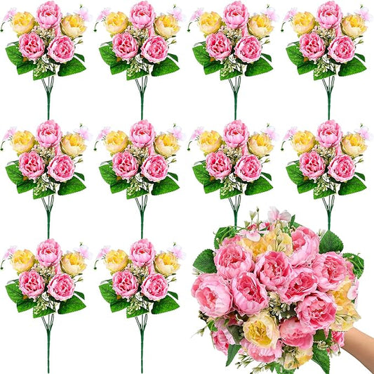 Olgaa 12 Bundles Peonies Artificial Flowers Fake Peony Bouquet Faux Peonies Flowers Bulk with Stems Flower Balls for Centerpiece Table Decorations Wedding Bridal Floral Arrangement (Pink)
