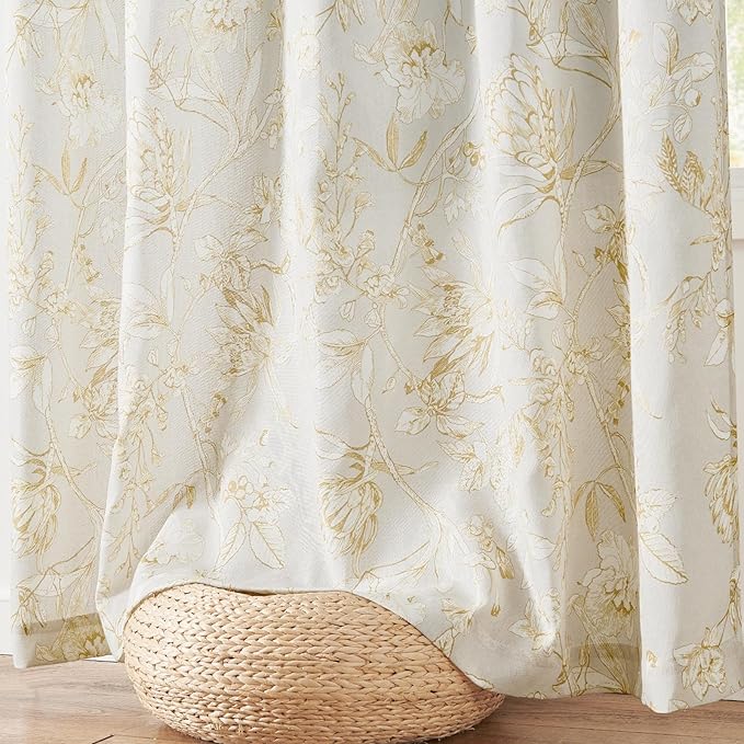jinchan Floral Curtains 63 Inch Length Mustard Yellow Flower Linen Farmhouse Curtain for Living Room French Country Vintage Curtain Rod Pocket Curtains Set 2 Panels Floral Printed