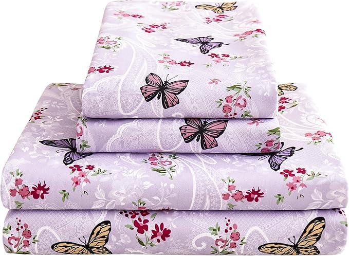 Softan Floral King Bed Sheets, Purple Paisley Flower Printed Sheet Set - Brushed Microfiber King Fitted Sheet with 15" Deep Pocket and Corner Straps, Butterfly Patterned Sheet & Pillowcase Sets