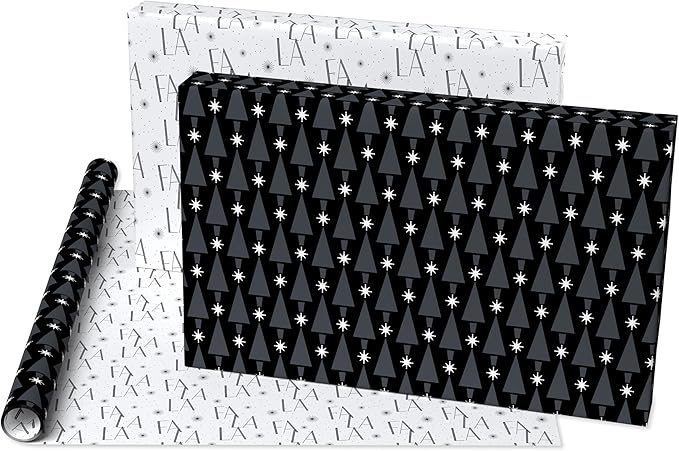 American Greetings Reversible Modern Black Christmas Wrapping Paper Roll, White, Silver, and Black Holiday Gift Wrap (60 sq. ft., 1 Standard Roll Wrap-30 in. x 24 ft.) Fa La La and Trees