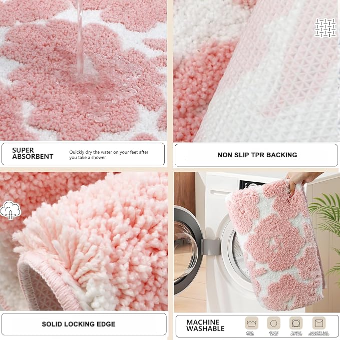 Civkor Pink and White Bathroom Rug, Tufted Flower Bath Mat for Bathroom with Non Slip TPR Backing, Quick Dry Microfiber Surface, Soft and Super Water Absorbent Bath Rug, 31x20Inch