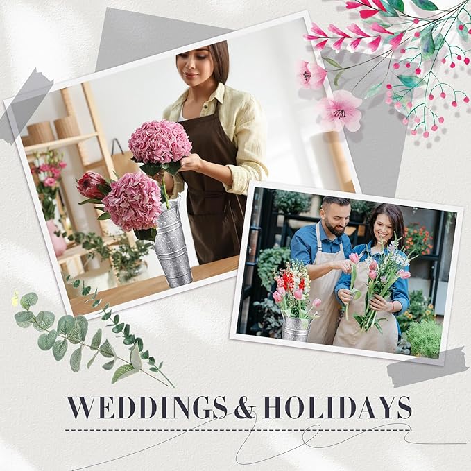 Zhehao 12 PCS 12 Inch Galvanized Metal Vase with Handles Bulk Tin Flower Buckets Galvanized Vases for Flowers Country Wedding Table Centerpieces Metal Flower Buckets for Wedding Home(Matte Silver)