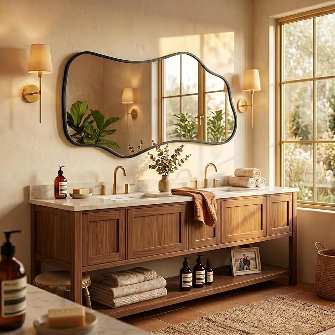 Bathroom Mirrors for Over Sink-Horizontal or Vertical Hanging 47.2"x21.6" Black Asymmetrical Wavy Aluminum Frame Decorative Full Body Mirror for Living Room,Bedroom,Cloakroom,Entryway