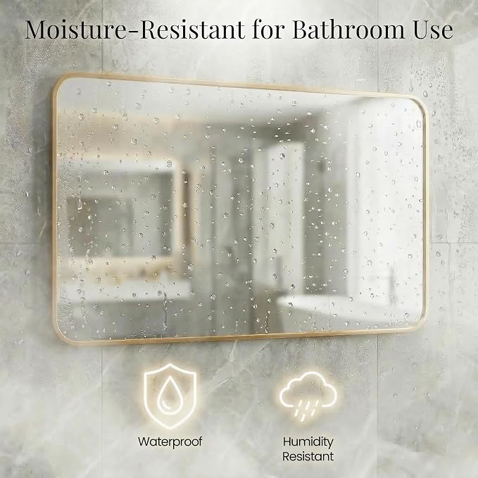 30x48 Inch Oversized Antique Gold Bathroom Vanity Mirrors | Flush Mount Deep Set Metal Wall Mirror for Over Sink | HD Shatterproof Glass, Rustproof | 1 Pack