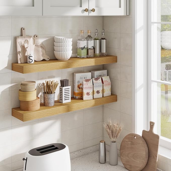 Fun Memories Bathroom Shelves 32 Inch Long Set of 2, Floating Shelves for Wall with Invisible Brackets, for Bedroom, Living Room, Kitchen, Oak