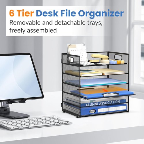 Daltack 6-Tier Paper Organizer - Mesh Desk File Tray with Handle for Office & Home | Black