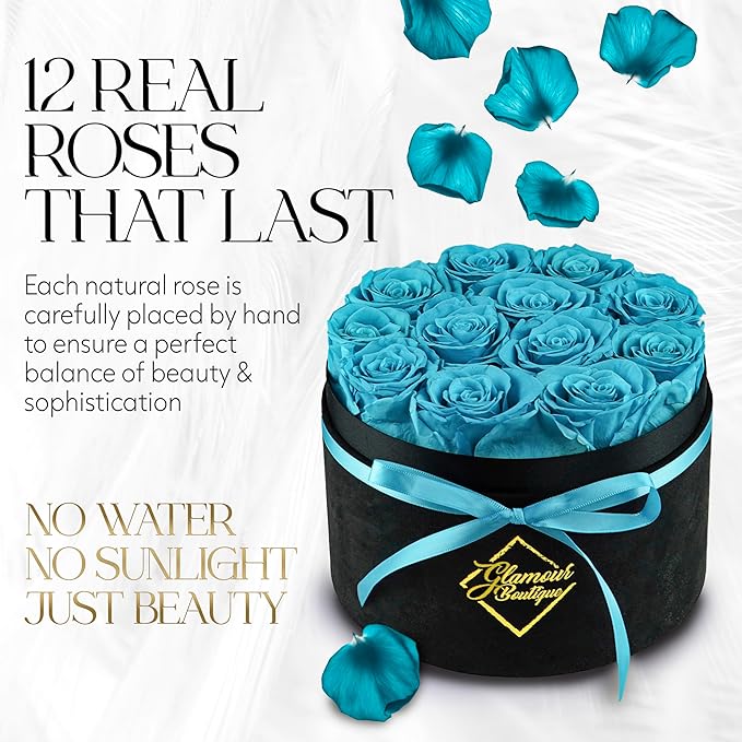 GLAMOUR BOUTIQUE Flowers Forever Gift Box 12 Real Preserved Roses in a Velvet Box, Birthday for Her Mom and Wife, Mothers Day, Anniversary, Graduation - Teal