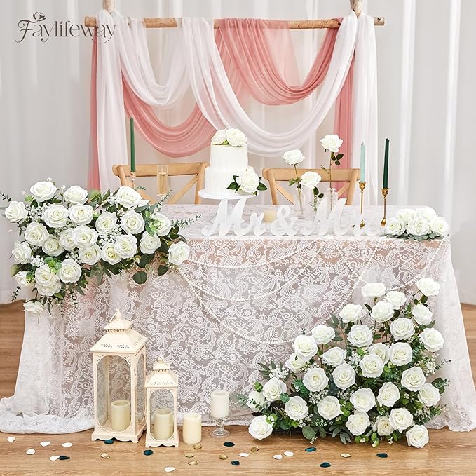 20PCS Artificial White Roses, 3.9'' Silk Flower Head Fake White Rose with Long Stems, Realistic Faux Roses Bouquet for DIY Wedding Home Party Office Decoration