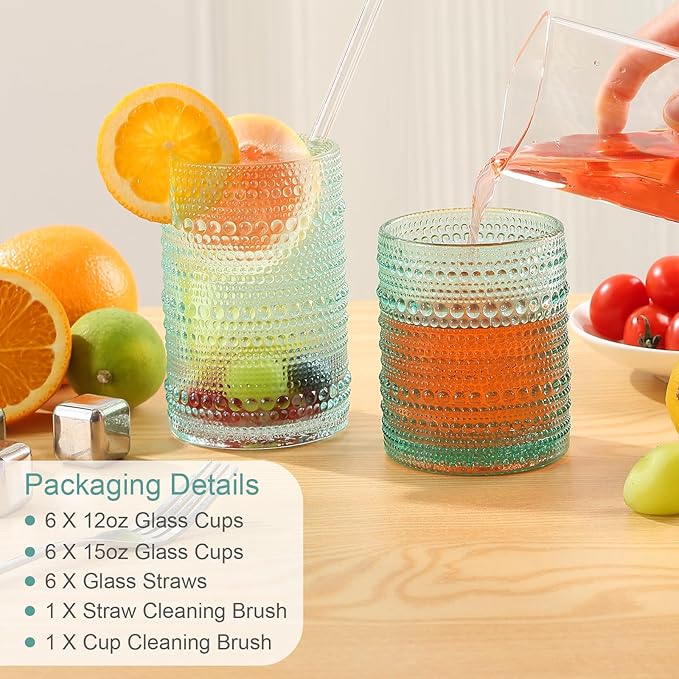 ZMOWIPDL Vintage Glassware Drinking Glasses Set of 12,Light Blue 12oz & 15oz Hobnail Glass Cups,Embossed Water Tumbler,for Beer,Cocktail,Whiskey,Juice and Various Mixed Drinks- 1 Cleaning Brush