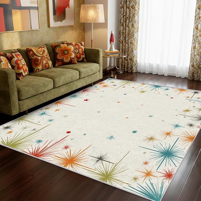 Mid Century Modern Rug 6x9 50s 60s Retro Starburst Pattern Area Rugs for Living Room, Bedroom, Mid Century Modern Home Decor Accessories Indoor Carpet, Non Slip & Machine Washable