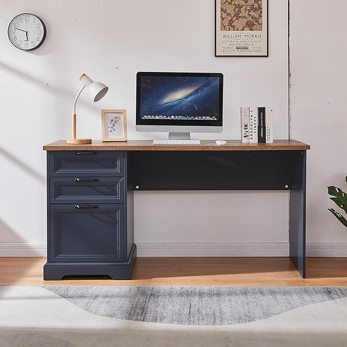 60" Farmhouse Executive Desk with Charging Station,Home Office Desk with 2 Drawers &1 File Cabinet,Wood Work Desk for Office and Home (Blue)