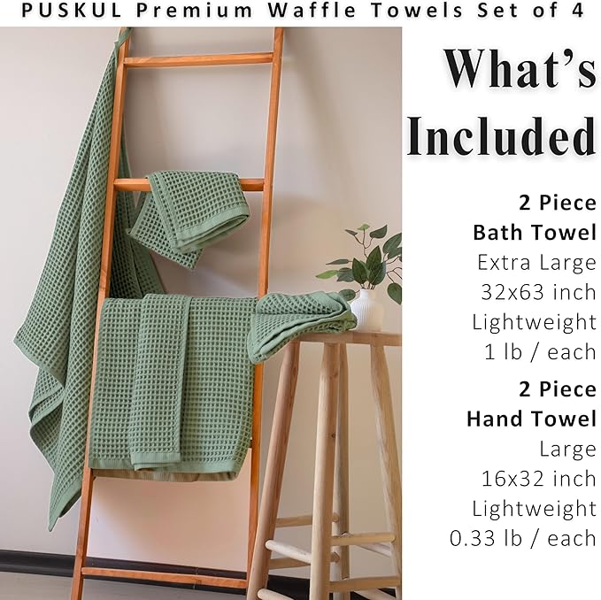 PÜSKÜL 4-Piece Natural 100% Turkish Cotton Luxury Waffle Towels for Bathroom | Premium Honeycomb Weave 2 Hand Towel & 2 Bath Towel Set | Soft Absorbent Quick-Dry Lightweight Towels (Sage Green)