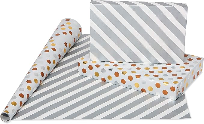 American Greetings Foil Wrapping Paper Rolls for Christmas, Weddings or Any Occasion, Metallic Gold and White Holiday Gift Wrap (80 sq. ft., 4 Rolls-30 in. x 8 ft., Reversible) Stripes, Polka Dots