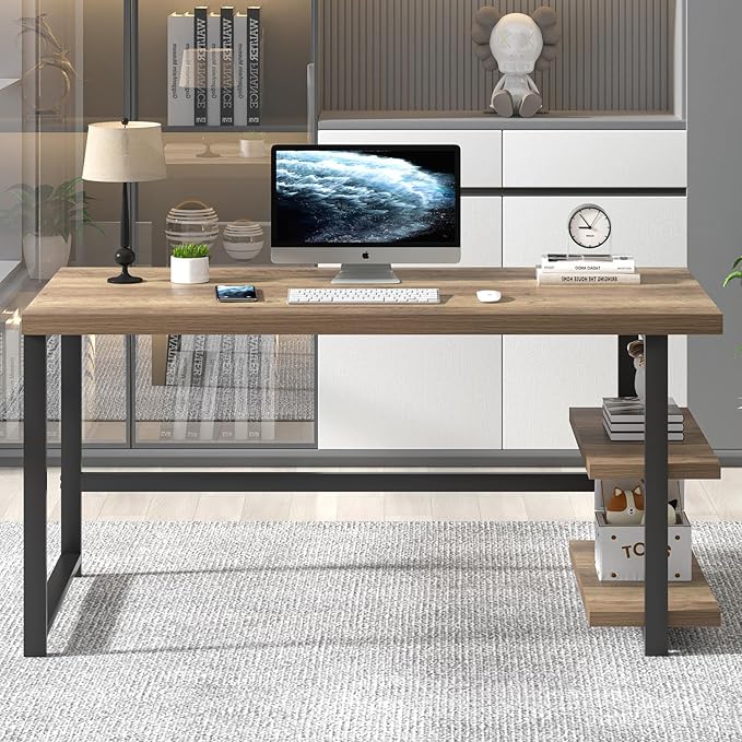 FOLUBAN Computer Desk, Modern Home Office Desk with Storage Shelves, Writing Study Gaming Table for Living Room Bedroom, Rustic Oak, 53 Inch