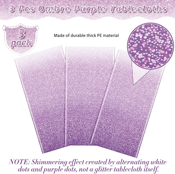 FunnyPars 3 Pack Ombre Purple Plastic Tablecloth for Parties, Gradient Pastel Disposable Rectangle Table Cover, Wedding Birthday Anniversary Decor, 54x108 Inch