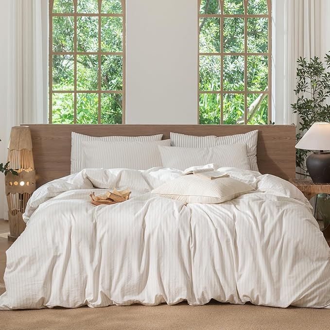 MooMee Striped Duvet Cover Set 100% Washed Cotton Linen Like Textured Breathable Durable Soft Comfy (White Almond Milk Grey Wide Stripes, Palatial King/Oversized King 120"x98")