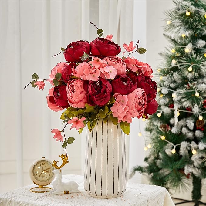 Fule 2 Pack Large Artificial Peony Silk Flower Bouquets Arrangement Wedding Centerpieces (New Dark Red)