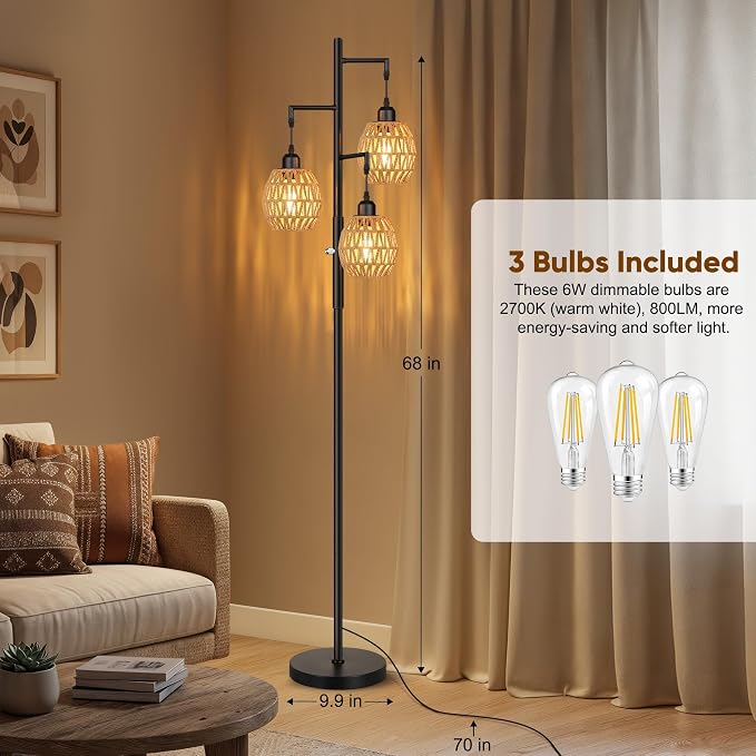 ROTTOGOON Dimmable Boho Floor Lamp - 3 Light Farmhouse Rattan Floor Lamps for Living Room, Tree Floor Lamps with Bohemian lampshades, Rustic Standing Tall Lamps for Bedroom, Office, 68", 6W, Black