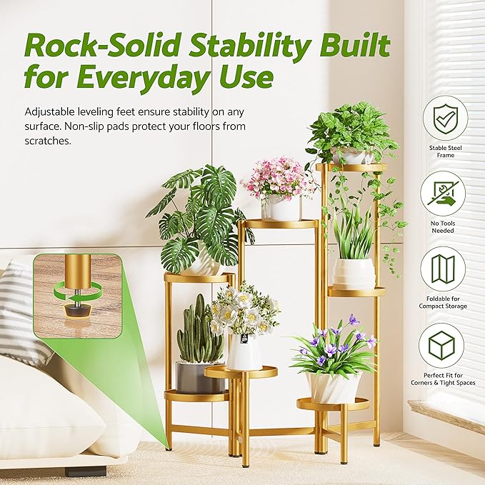 Patio Plant Stand, 7 Tiered Plant Stand Indoor for Multiple Large Planter, Tall Heavy Duty Adjustable Folding Rack with Rustproof 7.9 Inch Wide Tray, Folding Plant Shelf for Corner - GoldDisk