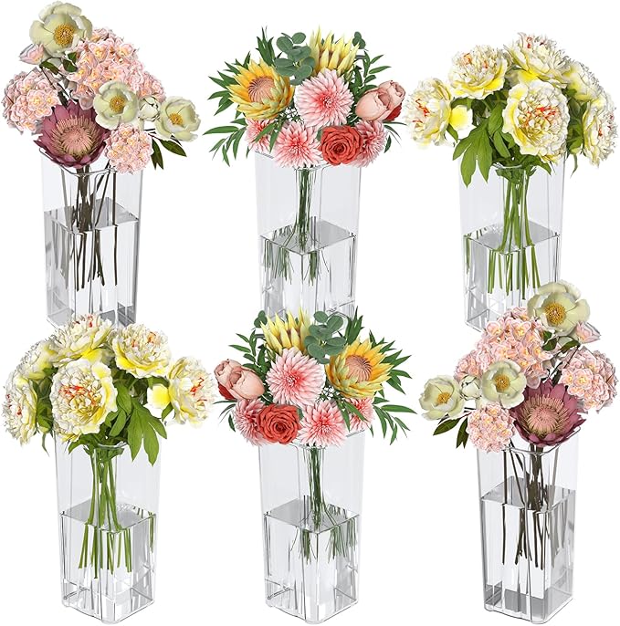 Asking 6 Pack Tall Square Acrylic Flower Vase, Clear Plastic Centerpiece Vases for Table, 4" x 4" x 9"
