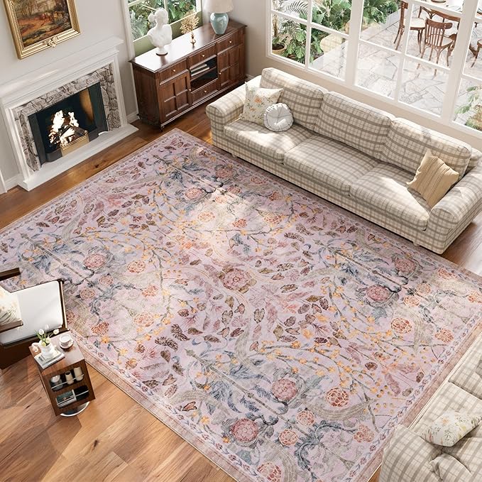 AMTOVO 8x10 Washable Area Rugs for Living Room, Non-Slip&Non-Shedding Floral Large Soft Boho Vintage Accent Print Carpet for Bedroom Girls Room Dorm Dining Room Farmhouse Nursery Home Office, Pink