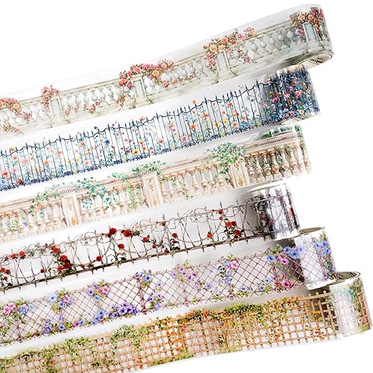 AuriicLeaf Floral Trellis PET Tape Set - 6 Rolls of Seamless Vintage Balcony & Vine Designs with 1 Metal Clip, Self-Adhesive Waterproof Decorative Tapes for Scrapbook Journal and DIY Décor