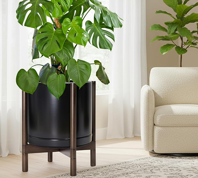 D'vine Dev Ceramic Planter with Walnut Color Stand - 14 Inch Modern Round Flower Pot with Wood Planter Holder, Black, 55-B-T-2