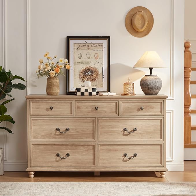 Farmhouse 54" 7 Drawers Dresser for Bedroom, Wide Chest of Drawers w/ 4 Wooden Legs, Vintage Rustic Large Closet Storage Dressers Organizer for Hallway, Wood TV Stand for Living Room, Natural