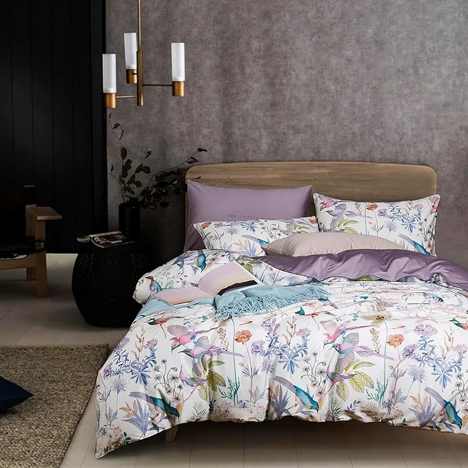 mixinni King Size Duvet Cover Purple Flowers Bird Bedding Sets Shabby Chic Boho Long-Staple Cotton Duvet Cover Set with Zipper Ties 1 Duvet Cover+2 Pillowcases, Ultra Soft, Breathable-King Size