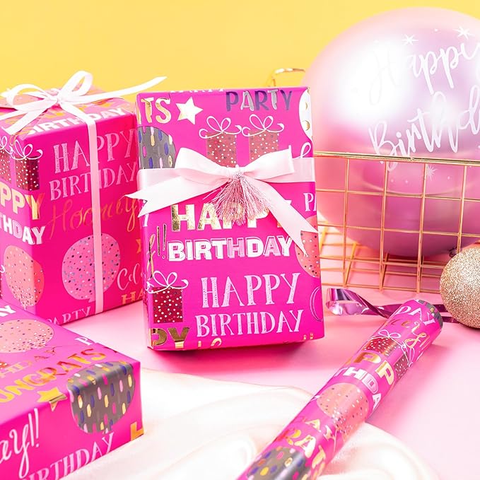 WRAPAHOLIC Birthday Wrapping Paper - Mini Roll - 17 Inch x 16.5 Feet - Gold Foil Hot Pink Happy Birthday Wrapping Paper for Kids, Girls, Women, Baby Shower