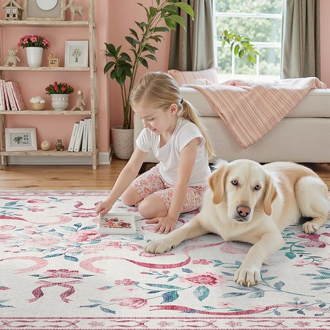 DCX Washable 5x7 Bow Rug, Pink Floral Rug for Girls’ Bedroom, Cute Soft Low Pile Indoor Décor Carpet, Kid & Pet Friendly Nursery Rug for Living Room, Dorm, Playroom
