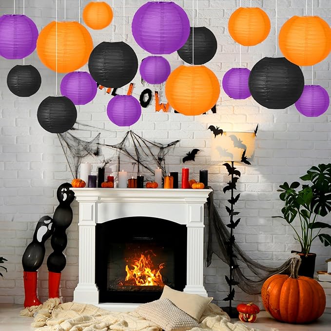 Halloween Party Decorations, Orange Black Purple Hanging Paper Lanterns for Halloween Ceiling, Horror Party Birthday Wedding Yard Garden Decor Indoor Outdoor，15pcs