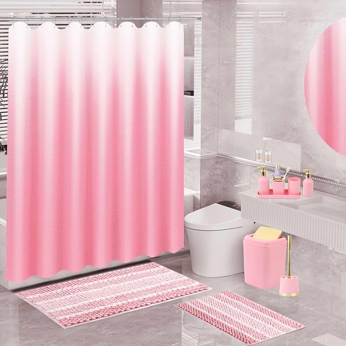 XLHOMO 25PCS Pink Bathroom Accessories Sets Complete, with Shower Curtain, Rugs, Trash Can and Toilet Brush, Toothbrush Holder and Cup, Soap Dispenser, Soap Dish, Qtip Holder, Bathroom Decor Sets