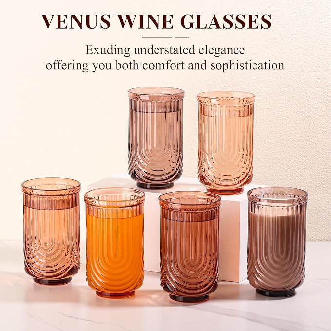 Venus Vintage Drinking Glasses Set of 6-17oz Hand-Blown Highball Ribbed Glassware, Arch Design Cocktail Glasses for Whiskey Water Beverages Ice Coffee Juice Milk