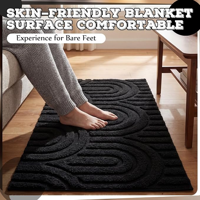 Drydiet Black Boho Jacquard Bathroom Rug for Bathroom 3D Arched Stripes Non Slip Absorbent Extra Thick Soft Carpet, Plush Bath Rug with Rubber Backing for Bath Shower, 20''x30''