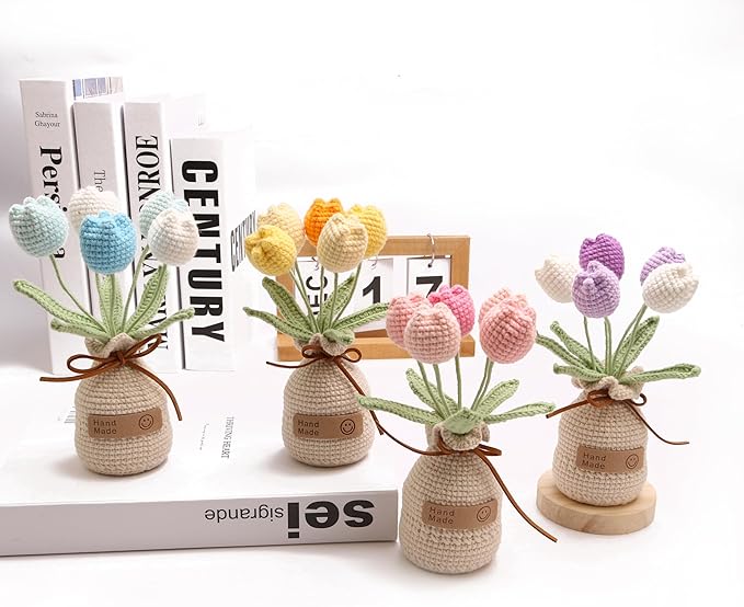 Handmade Tulips, Artificial Plant Crochet Flowers， Tulips Suitable for Home Room, Table, Office Ornaments and Birthday Gifts Suitable for Family and Friends Anniversary (5 Flowers-Yellow)
