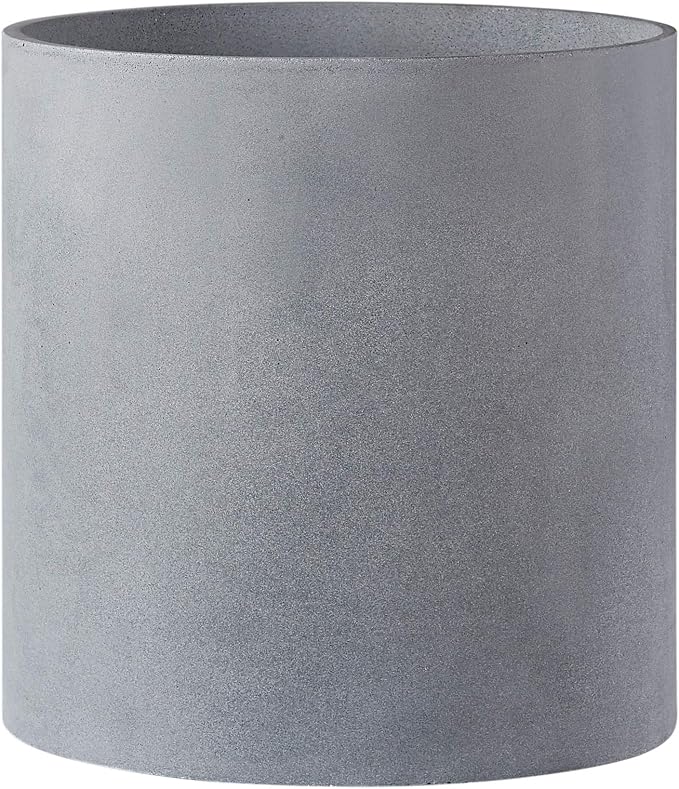 FaithLand 14 Inch Fiberstone Planter - Lightweight Modern Cylinder Plant Pot with Drainage Hole & Plug, Authentic Concrete Look, Gray