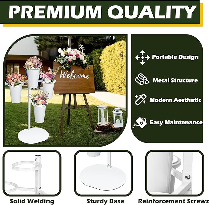 PROLEE Flower Display Stand with 4 Buckets, Flower Pot Stand, Flower Stand Metal, Florist Bouquet Shelf for Wedding, Party, Events, Oval Base, White