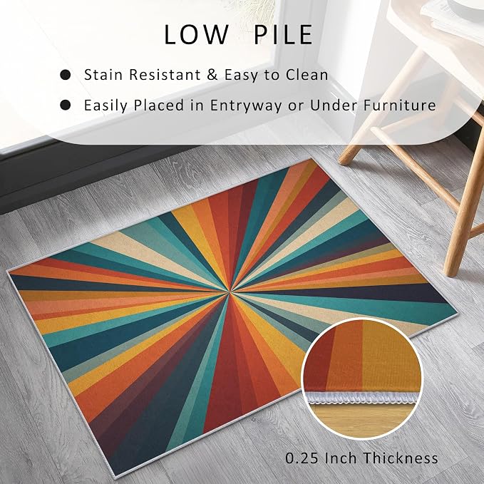 Retro Sunburst Rugs 4x6, 70s Colorful Abstract Washable 4 x 6 Area Rug for Living Room, Bedroom, Low Pile Non Slip Stain Resistant Carpet, Retro 70s Home Decor Accessories & M875