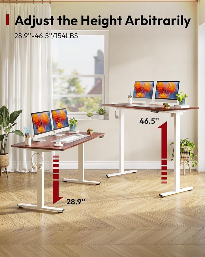 SANODESK Electric Standing Desk 48 x 30 Inches Whole-Piece Desktop Height Adjustable Stand Up Desk w/6-Button Controller Ergonomic Computer Desk for Home Office, White Frame + Mahogany Tabletop