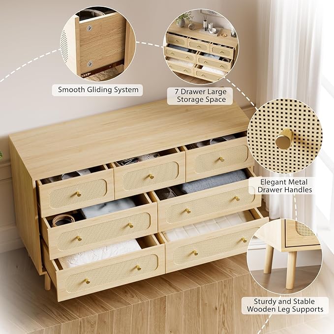 SINROM® Rattan Dresser for Bedroom, Farmhouse Dresser 7 Drawer for Bedroom, Wide Chest of Organizer Storage Drawers for Living Room, Hallway, Entryway