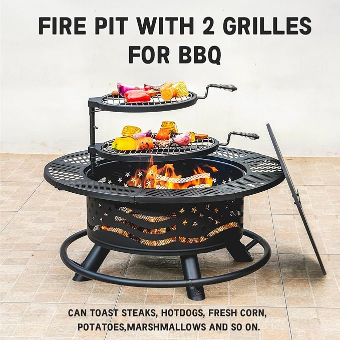 Panovue 36 Inch Fire Pit with 2 Cooking Grates, Outdoor Wood Burning BBQ Grill Firepit Bowl with Cover Lid, Steel Round Table for Backyard Bonfire Patio Picnic (Black, 36IN)