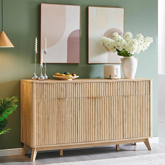 T4TREAM Large Buffet Sideboard Cabinet with Storages, 60" Fluted Modern Buffet Table Coffee Bar Wine Bar Storage Cabinet with 3 Drawers & 4 Doors for Dining Room, Living Room, Hallway(Natural Oak)
