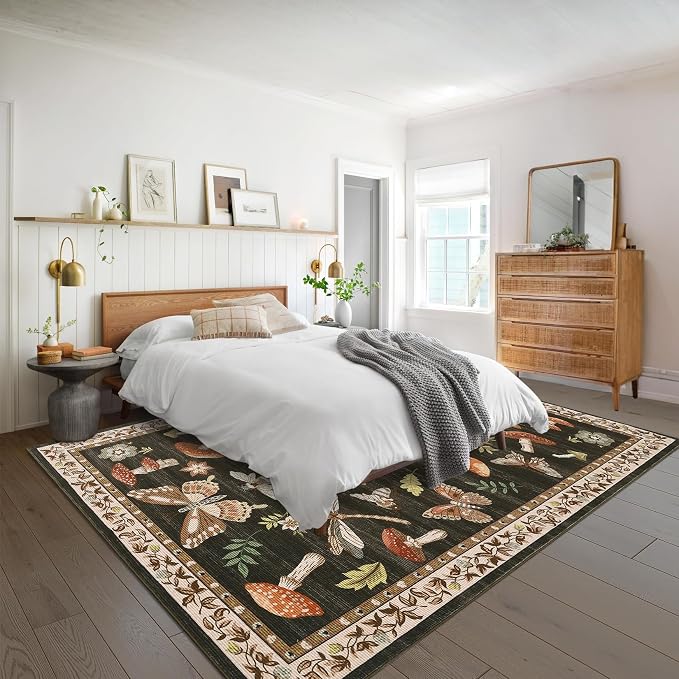 Washable 9x12 Area Rugs Living Room Large Rug Boho Vintage Floral Carpet Soft Bedroom Indoor Floor Mats Non-Slip Farmhouse Rustic Style Carpet for Nursery Dining Room Home Decor Office, Brown